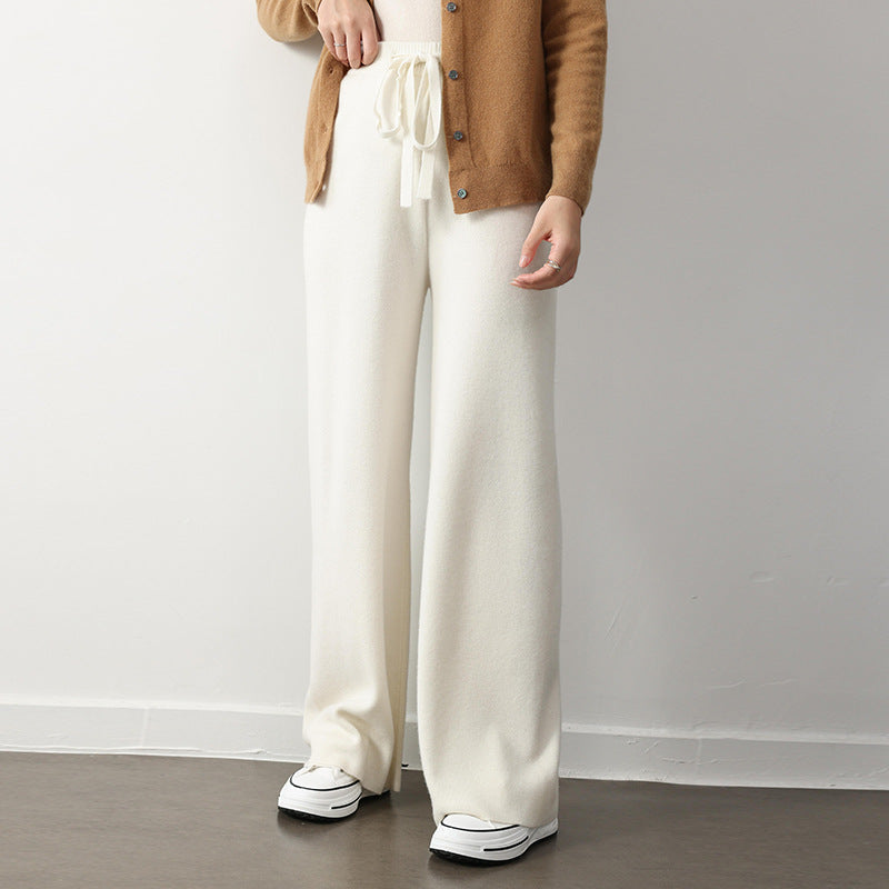 Stretch Elastic Waistband Lace-up Straight Wide-leg Pants