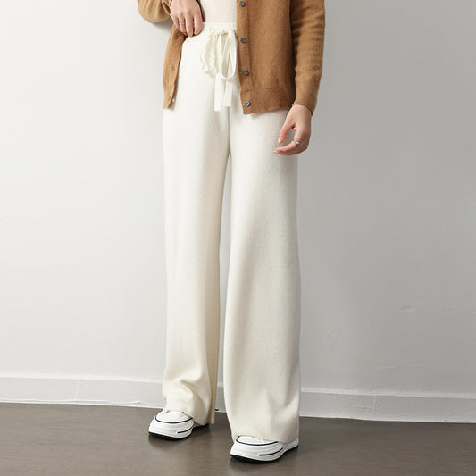 Stretch Elastic Waistband Lace-up Straight Wide-leg Pants