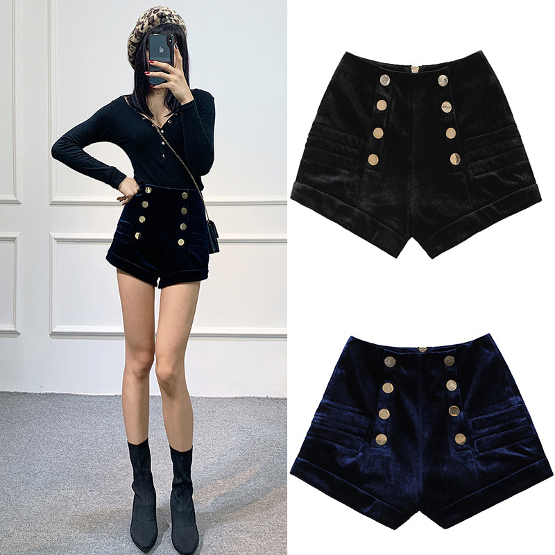 New Autumn and Winter Fashion Golden Velvet Double-breasted Shorts Baolan