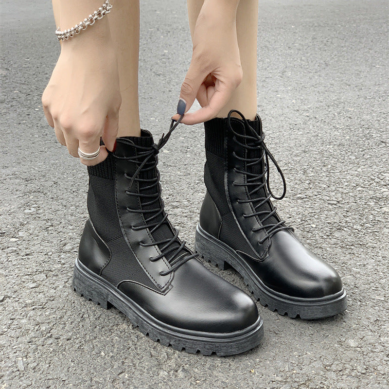 All-match Lace-up Platform Stitching Short Boots