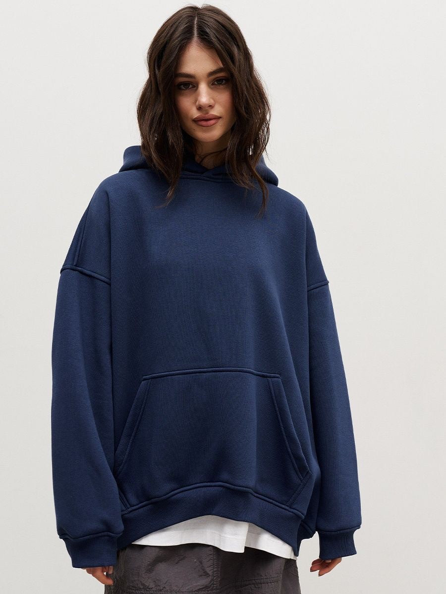 Women's Fleece-lined Bathroom Solid Color Clothing Word Kangaroo Pocket Drawstring Hoodie