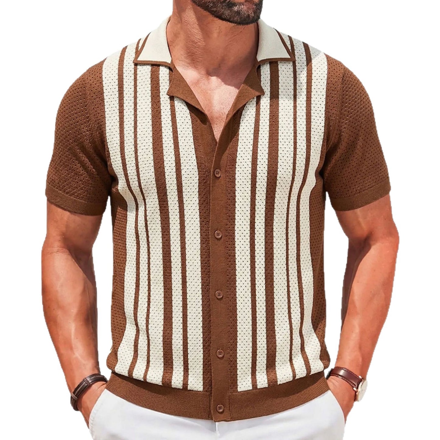 Brown Striped Cuban-Neck Short-Sleeve Hollow-Out Knit Top
