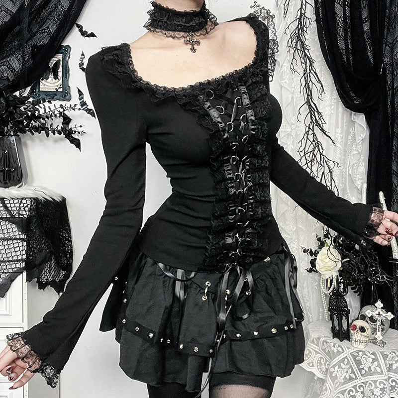 New Dark Temperament Buckle Lace Trim Autumn And Winter Inner Top
