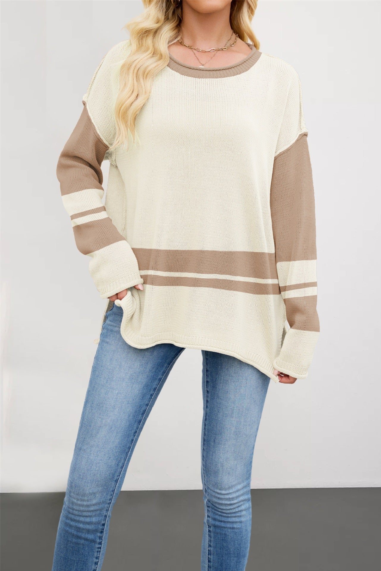 Color-block Crew Neck Loose Versatile Jumper