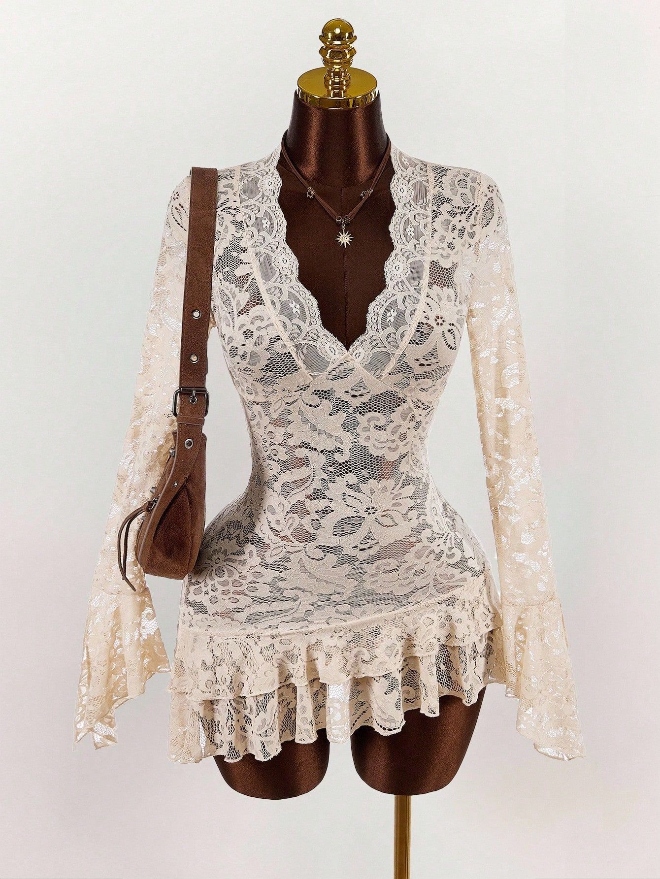 Retro Chic Cutout Lace VNeck DefinedWaist Mini Dress