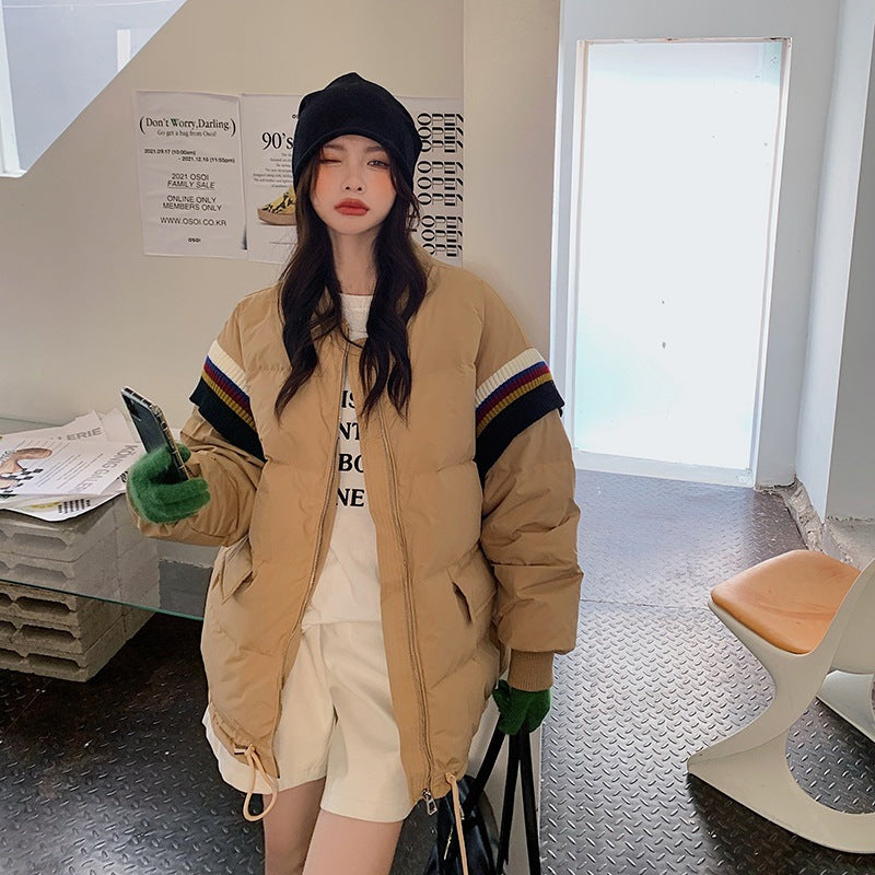 Loose Contrast Knit Striped Panel Down Jacket