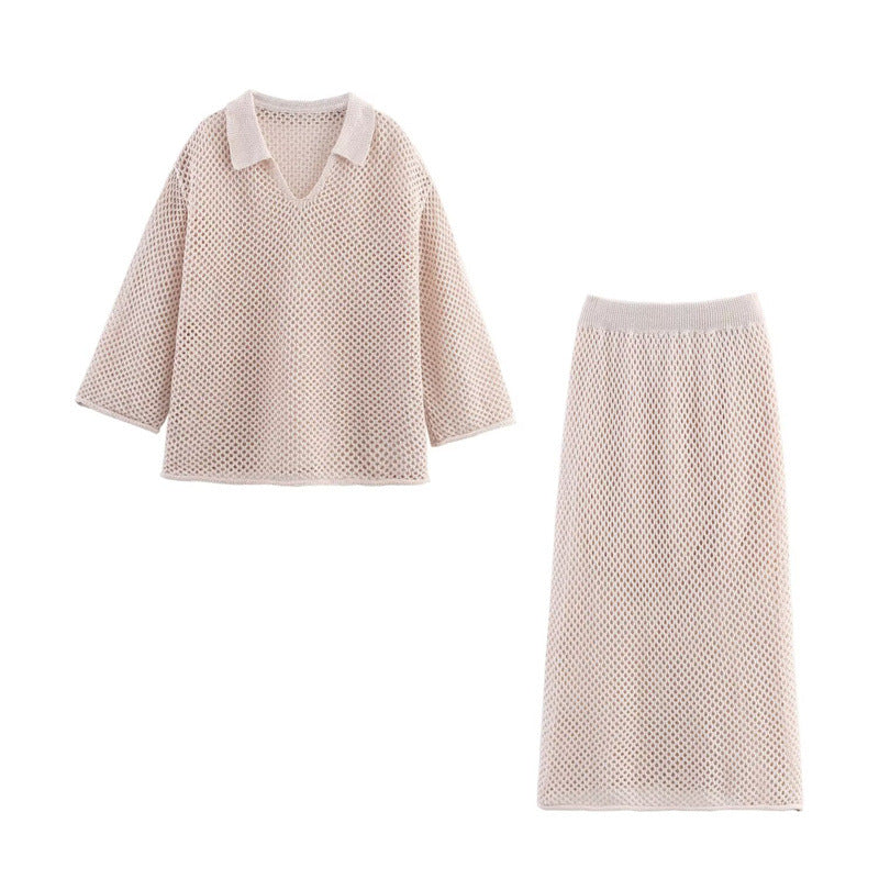 Hollow Long Sleeve Knitted Skirt Suit