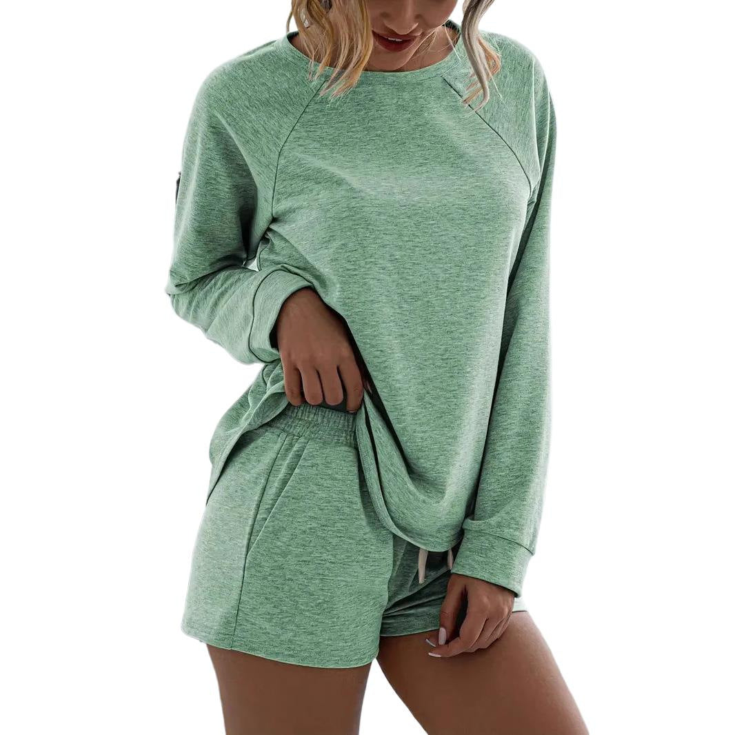 Elegant Round Neck Long Sleeve Shorts Home Sports Suit