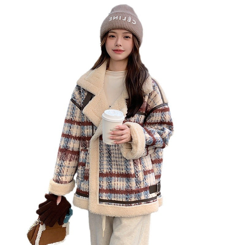 Retro Plaid Stand Collar Loose Fur Short Coat For Women