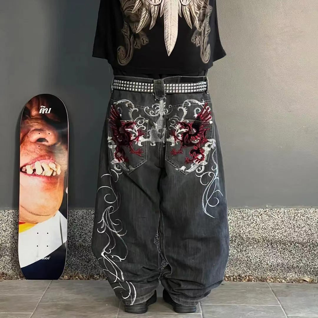 Retro American Style Loose Embroidered Straight Pants