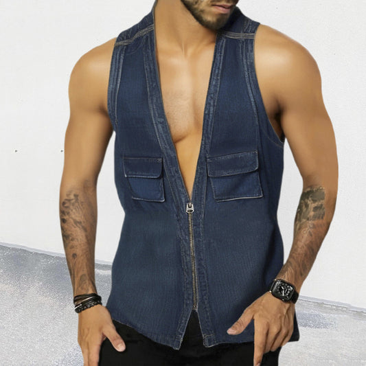 Europæisk og amerikansk denimvest med sexet V-hals, ærmeløs, slank denim cardigan med lynlås