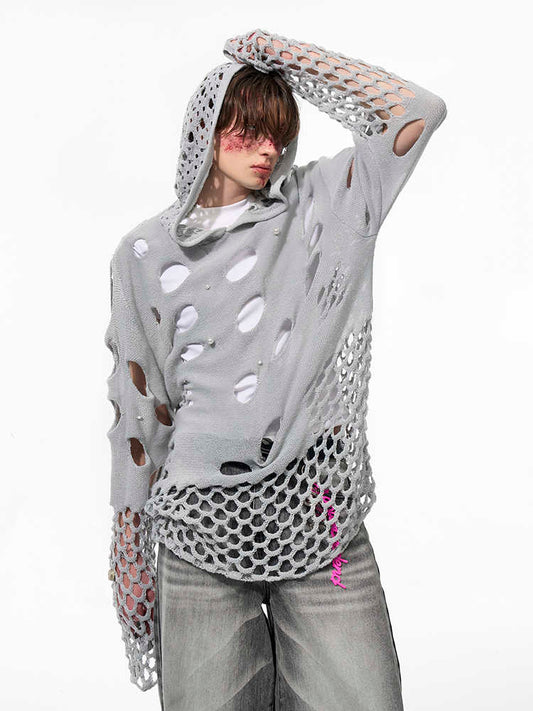 Hollow Hooded Sweater Men's Spring Pearl Decorative Black Hoodie