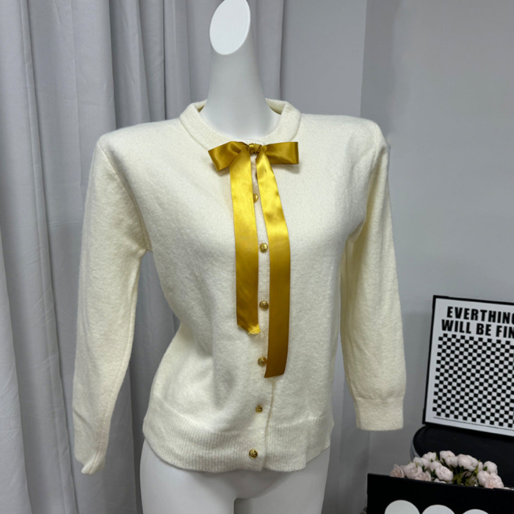Bow Ribbon Sweet Gentle Small Golden Button Sweater