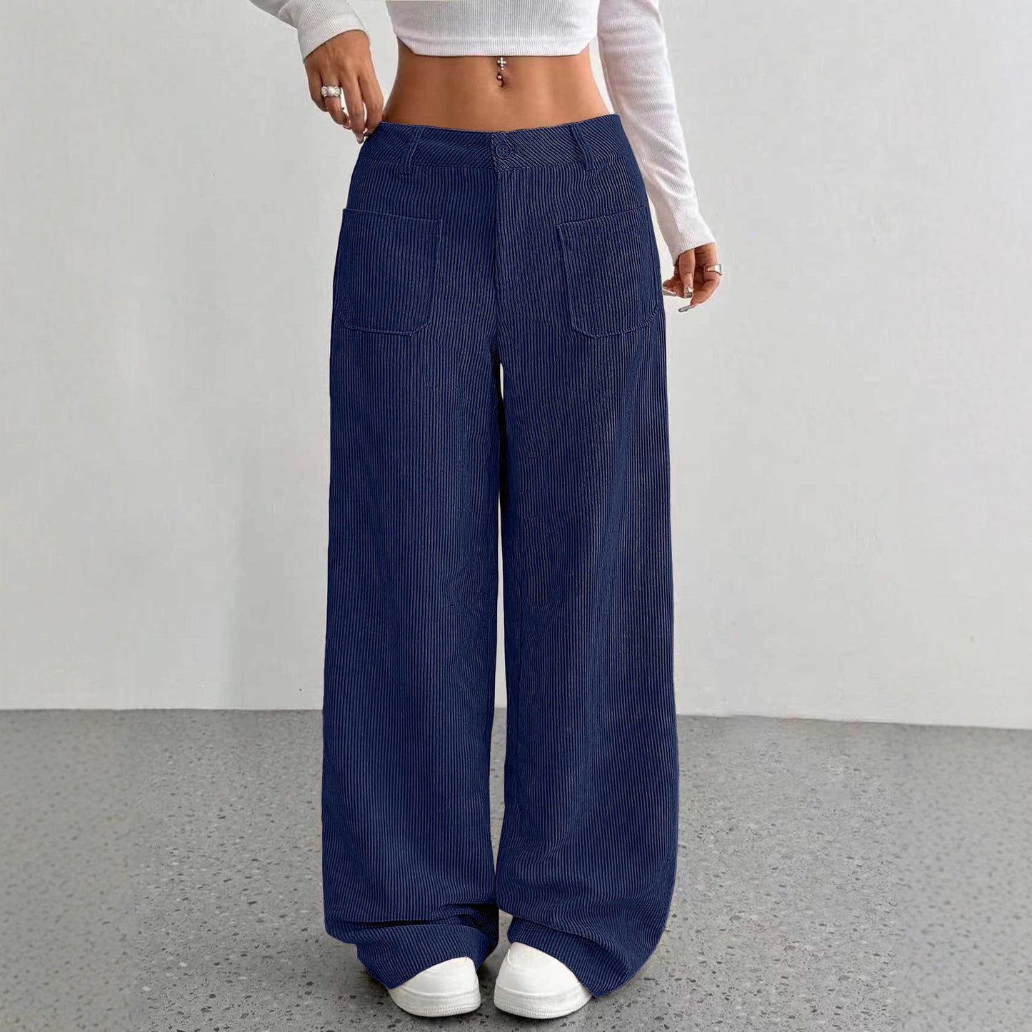 Loose Solid Color Pocket Mop Wide Leg Pants