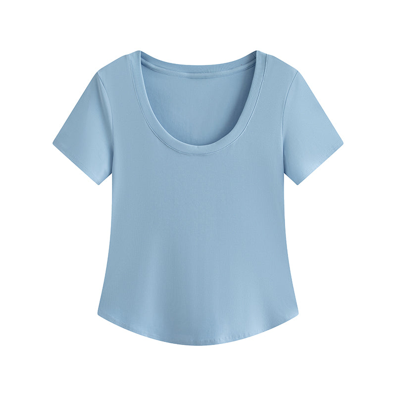 Slightly Chubby Mm Front Shoulder Slim Fit And Slimming Large U-neck Short Sleeved Shirt