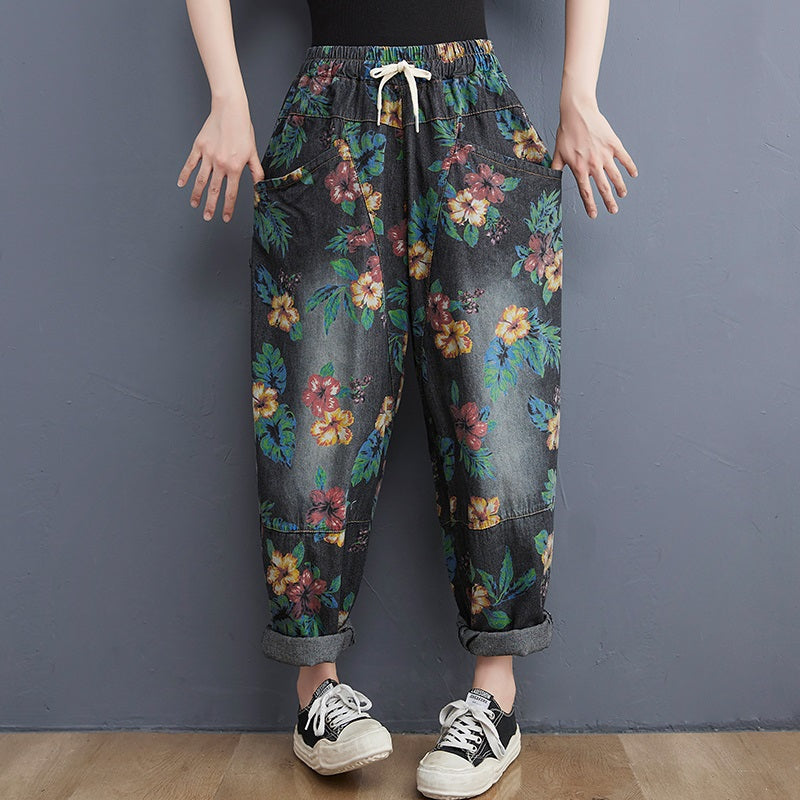 Women's Autumn Retro Print Casual Washed Jeans Harem Pants