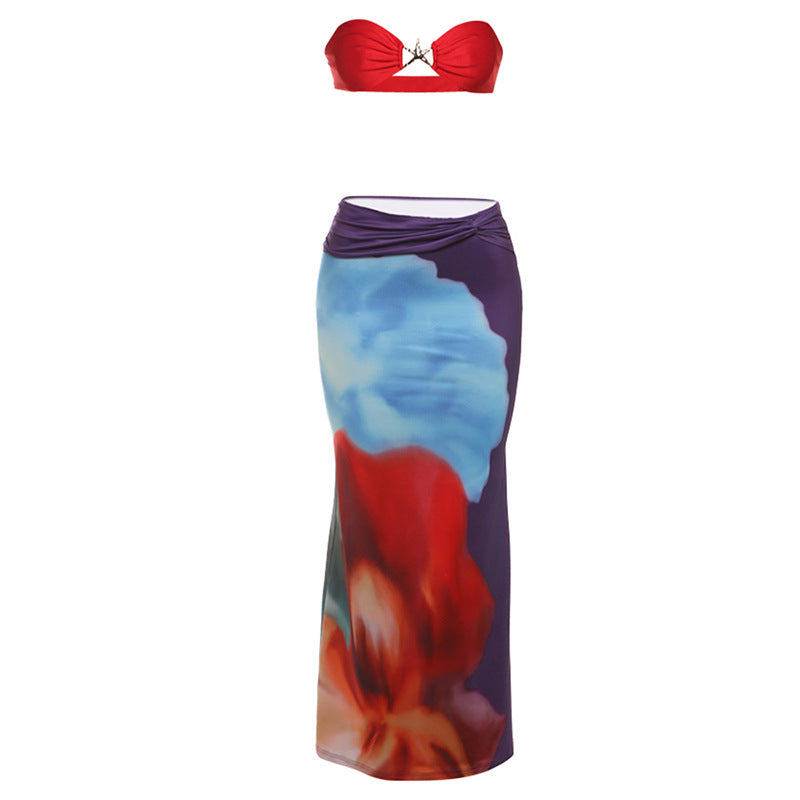 Sexet mavefri ensfarvet tubetop og slim-fit pencil maxi-kjole todelt sæt