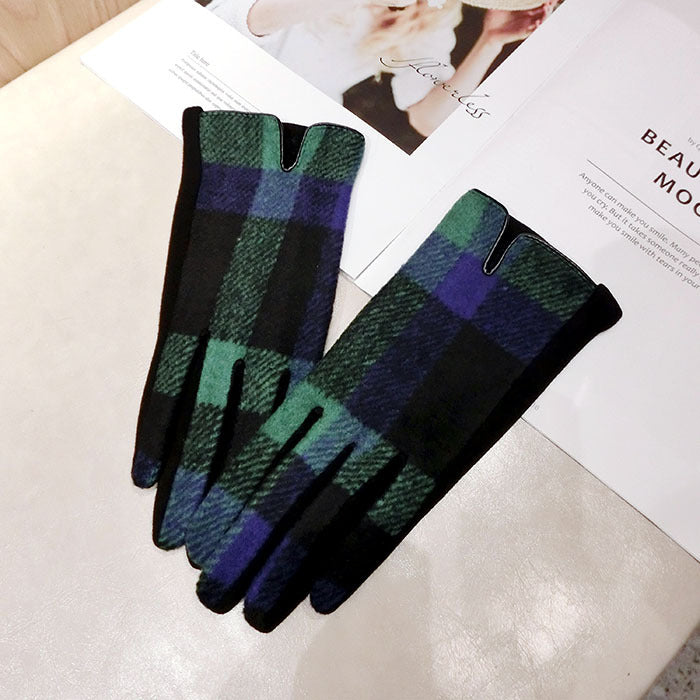 Color Plaid Wool Plus Velvet Thick Five-finger Gloves