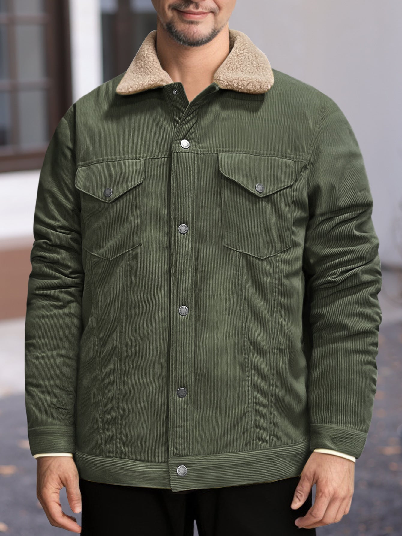 Men's Long Sleeve Lapel Corduroy Fleece-lined Jacket
