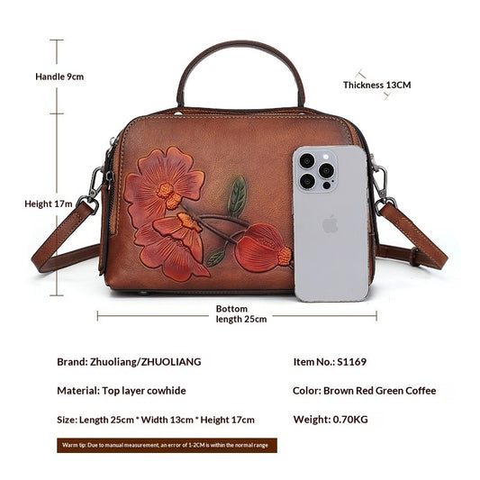Vintage Cowhide Pillow Bag With Embossed Detailing And A Handheld Design