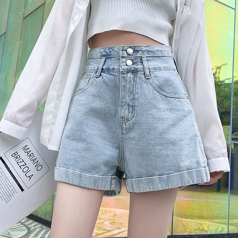 Two-button High Waist Denim Shorts Women's Wide Leg Curling A- Line Hot Pants Tide