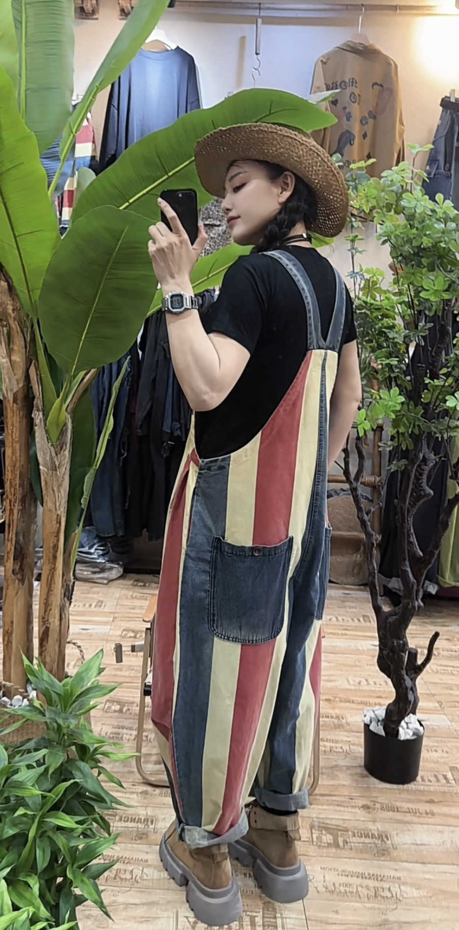 Vintage Stribede Seleshorts Kvinder Løs Bomuldsdenim Jumpsuit