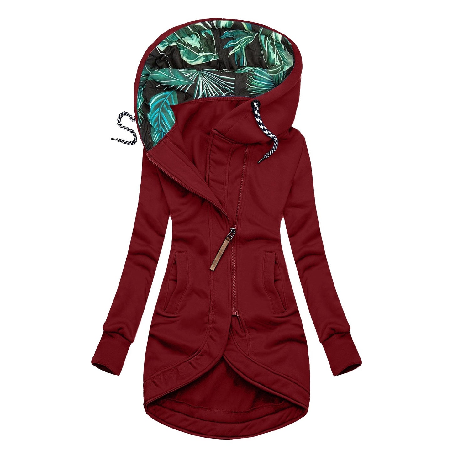 Womens Solid-Color Zip-Up Hoodie With Print And Long Sleeves