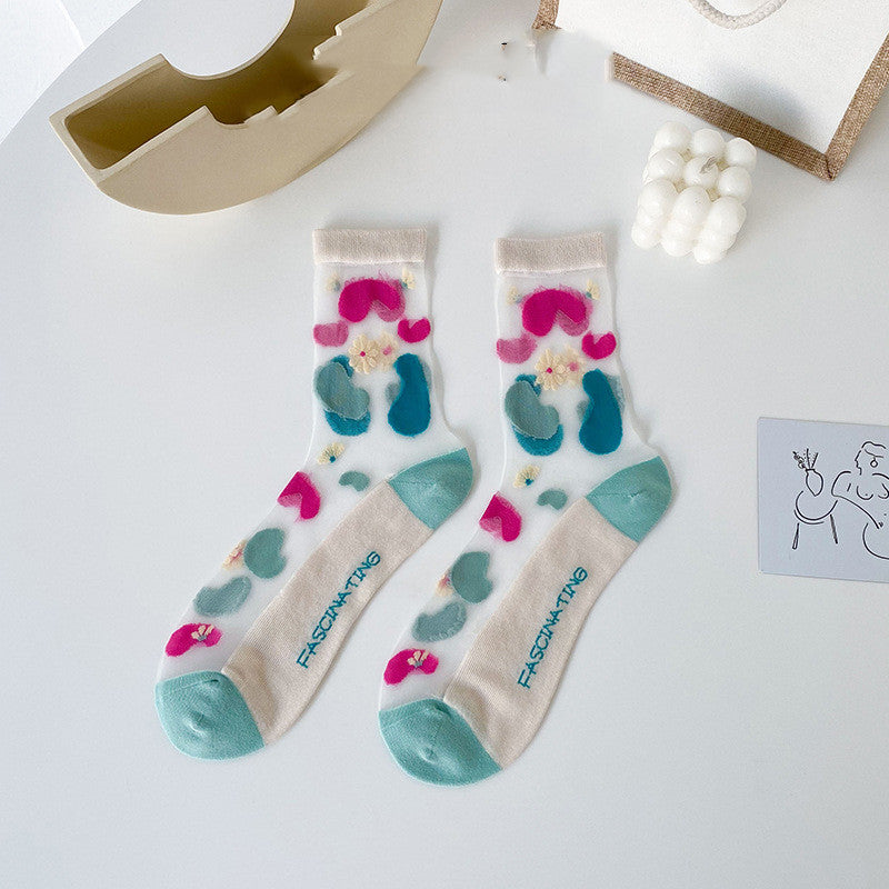 Small Flower Socks Breathable Glass Silk Ladies Cotton Socks