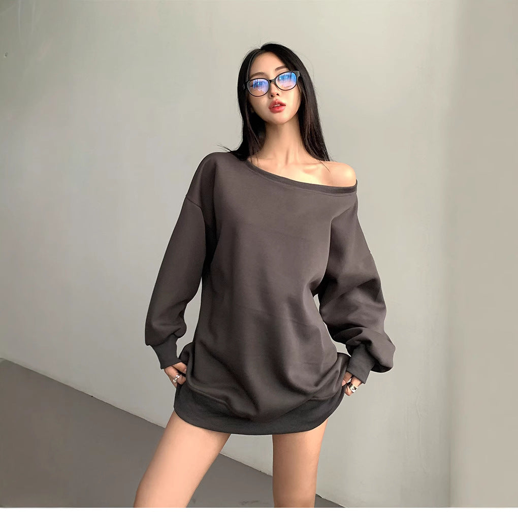Efterår og Vinter Amerikansk Sweater Kvinder Design Off-shoulder Løs Casual