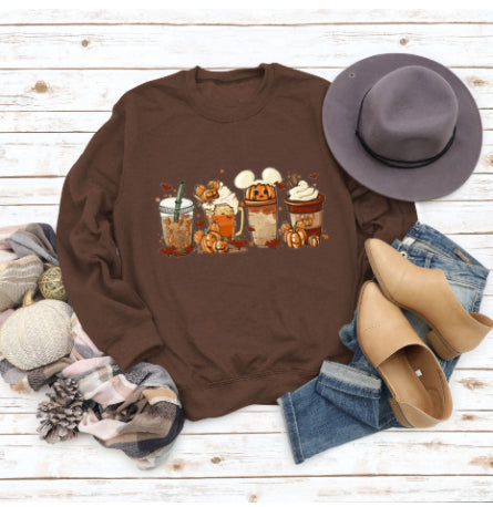 Christmas Latte European American Fashion Floral Print Round Neck Sweater