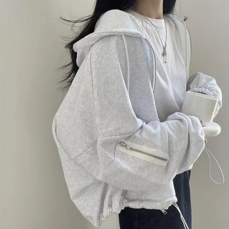 Women's Large Pocket Zipper Design Loose Casual Drawstring Hoodie Coat