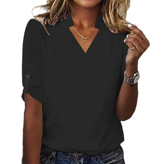 Women's Solid Color V-neck 34 Sleeve Shirt