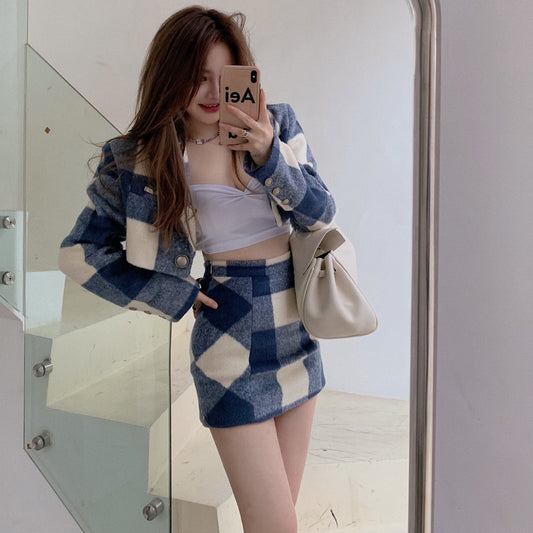 Women's Short Loose Temperament Retro Coat Plaid Woolen Skirt