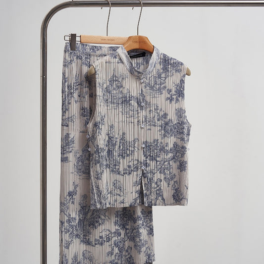 New Chinese-style National Wind Pleated Jacquard Vest Shirt And Skirt Set