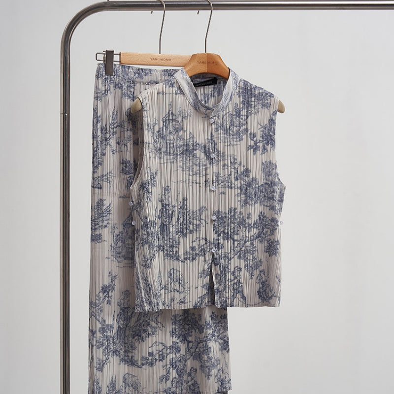 New Chinese-style National Wind Pleated Jacquard Vest Shirt And Skirt Set