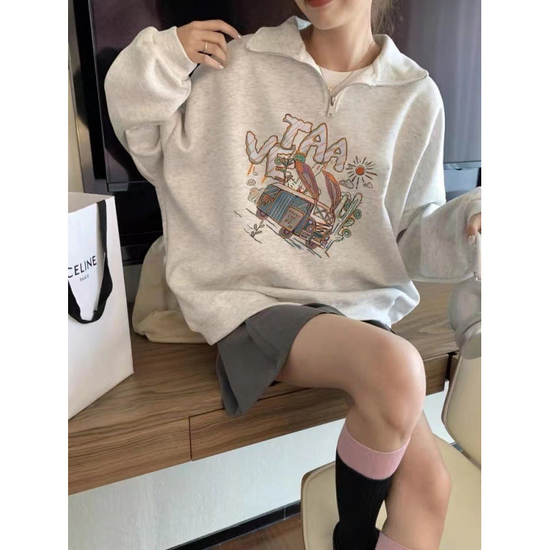 Halv Lynlås Sweater Løs og Afslappet Polo Krave Top