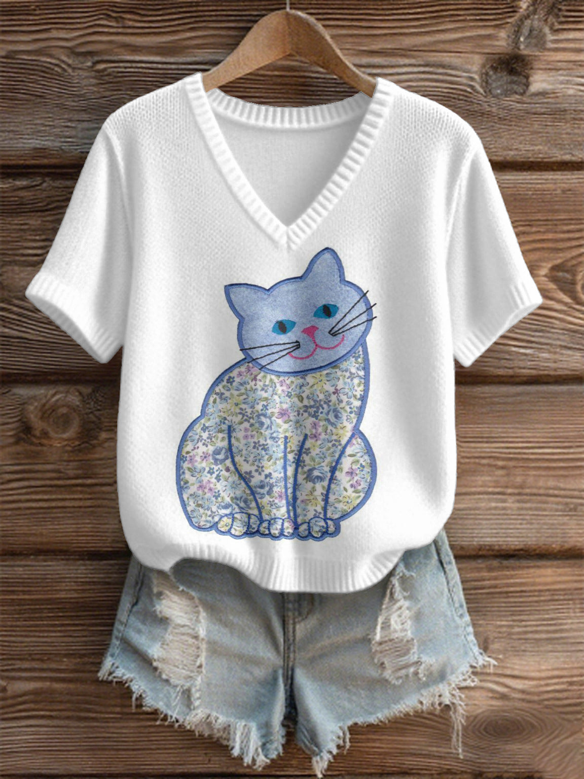 Imitation Sweaters Women's Clothing Short Sleeve V-neck Loose Top