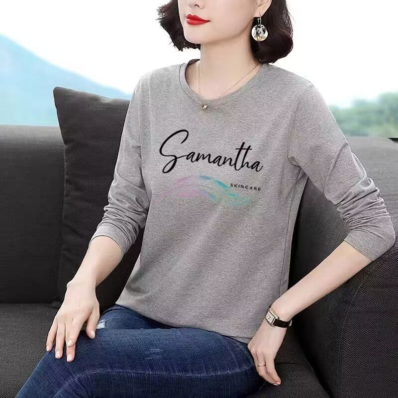 Middle-aged And Elderly Long-sleeved T-shirt Women's Thin Round Neck Bottoming Shirt Printed Casual Loose Top