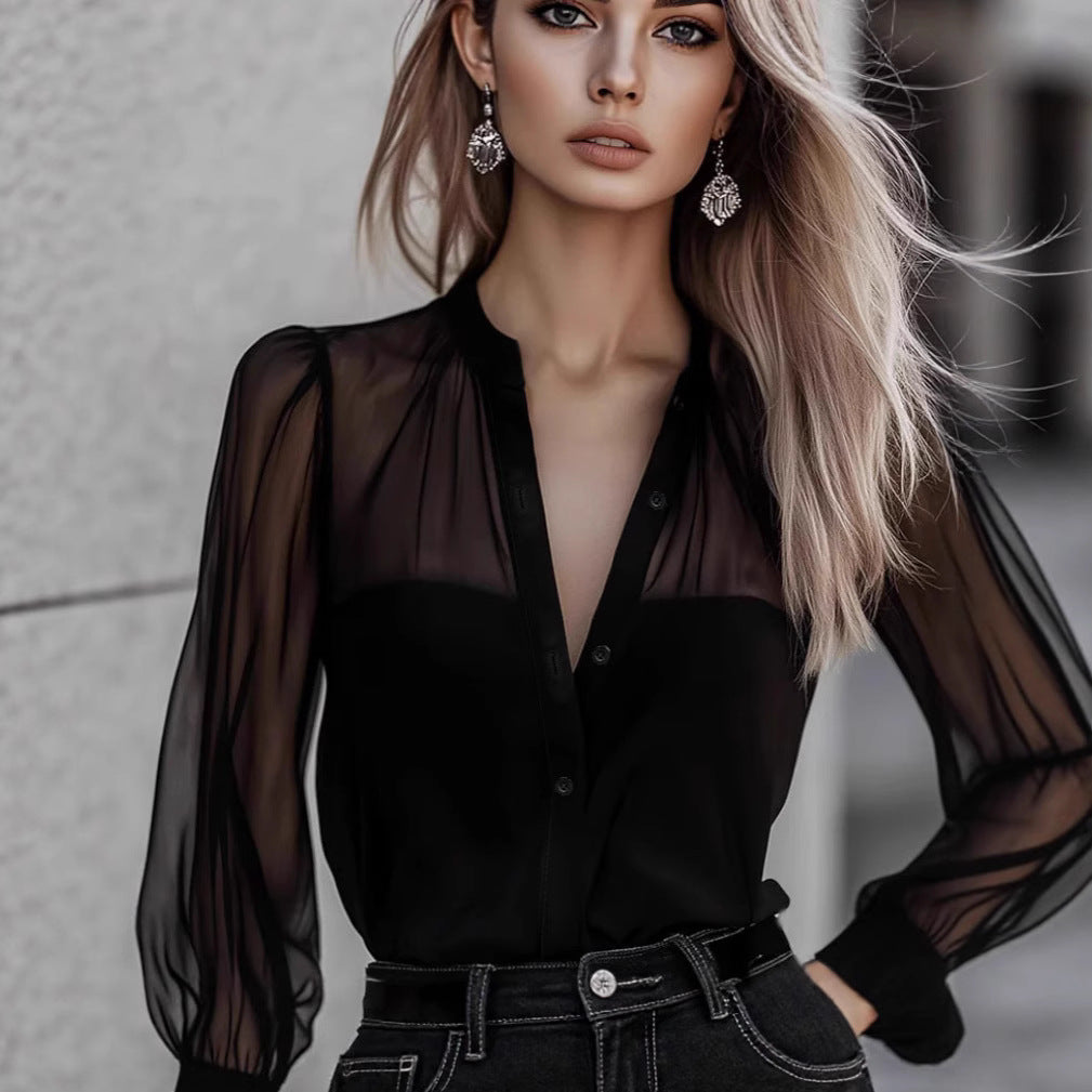 Black Sexy Elegant Mesh-Panel Blouse With A Sophisticated Vibe