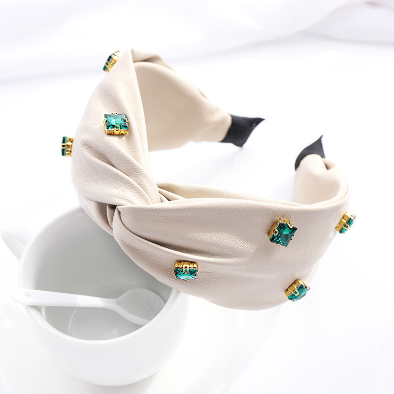 Leather Cross Knot Hairband Green Big Stone Headband Hair Accessories 23 orders