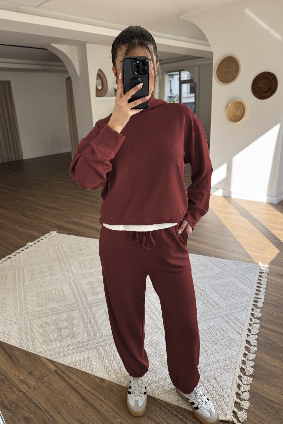 New Women's Solid Color Hooded Sweatshirt Two Pieces