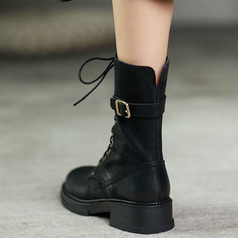 Ins Thick Heel Mid-tube And Velvet Lace Up Womens Boots