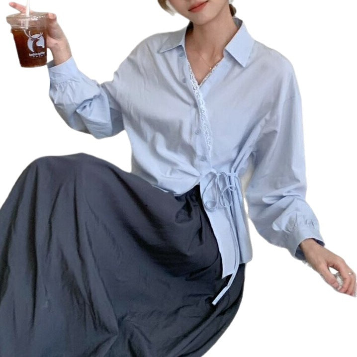 Womens Solid-Color Korean-Style French-Elegance Lace-Trimmed Shirt