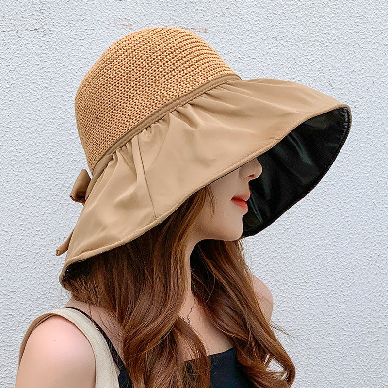 Black Glue Bow Wispy Empty Cycling Big Brim Face Sun Protection Hat