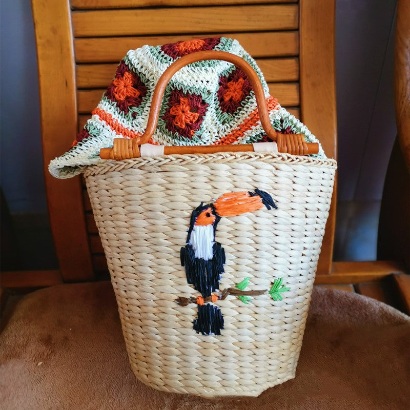 Birds Embroidered And Rope Paper Beads Wooden Decorated Straw Fabric Bag
