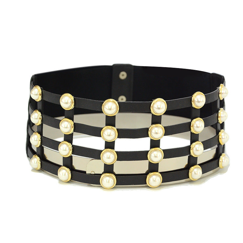 Korean Style Casual Women's Corset Hollow Pearl Inlaid Women's Single Circle Decorative Belt