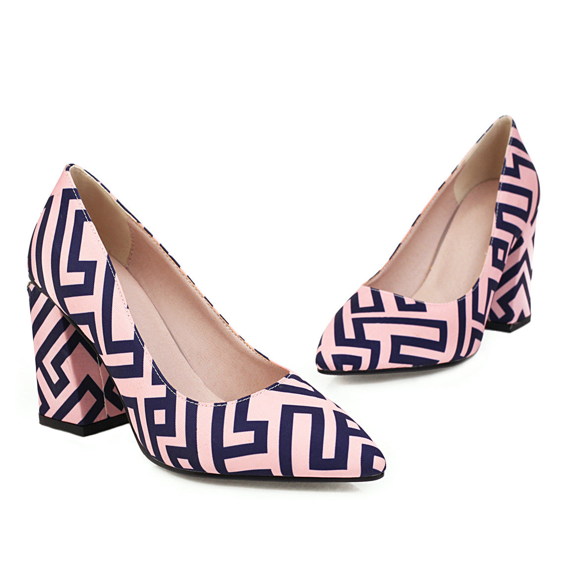 Printed Single Shoes with Light Pointed Toes and Thick Heels