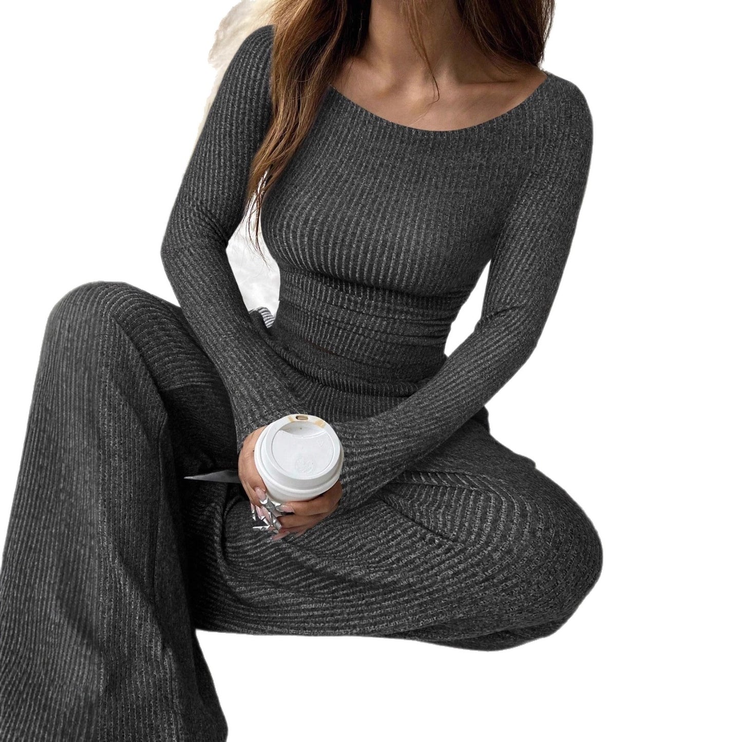 Women's Solid Color Rest Long Sleeve Boat Neck Top Wide Leg Pants Suit