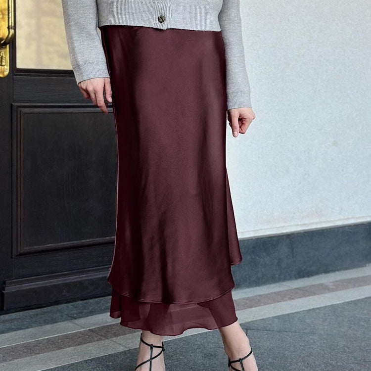 Satin Stitching Mesh Double-layer Sheath Skirt