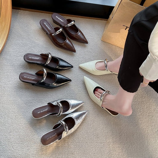 Elegant Pointed Toe Metal One-Strap Mules 2025 Summer New Wedge Heel Platform Sandals For Women